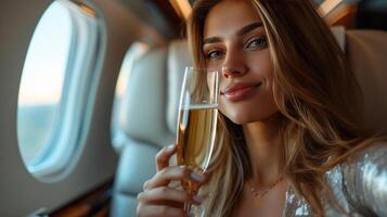 AI generated Beautiful businesswoman drinks champagne in business class of an airplane photo