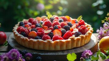 AI generated Fresh berry pie on a wooden table in a wide summer garden photo