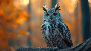 ai generado águila búho encaramado en bosque foto