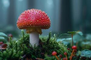 AI generated a red mushroom sits under the moss of the forest photo