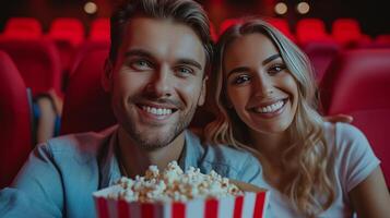 ai generado hermosa joven Pareja sentado en un cine con un grande Cubeta de palomitas de maiz foto