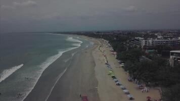 aérien magnifique vue de le ciel sur le plage avec touristes. vidéo. aérien plage journée avec parapluies, le Hôtel dans le retour video