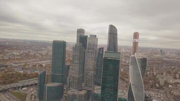 Moscow City skyscrapers, aerial view. Clip. Office business center of moscow city. Moscow-City buildings with sky, aerial view video