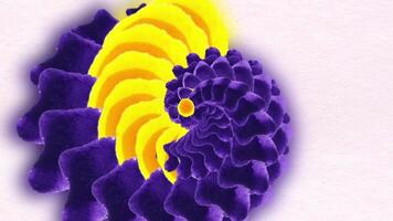 High Definition abstract CGI motion backgrounds ideal for editing, led backdrops or broadcasting featuring a yellow and violet fractal like flower formation spiraling out flower video