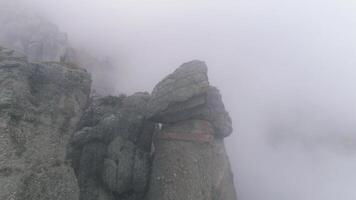 fermer de géant rochers avec des arbres dans Matin brouillard. tir. majestueux Montagne paysage. video