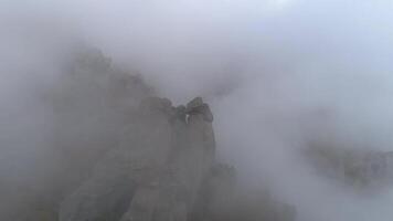 Nahansicht von Riese Felsen mit Bäume im Morgen Nebel. Schuss. majestätisch Berg Landschaft. video