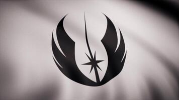 Estrela guerras. Jedi ordem bandeira é acenando em transparente fundo. fechar-se do acenando bandeira com Jedi ordem logotipo, desatado laço. editorial animação video
