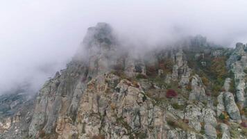 Top of the mountains in fog. Shot. Colorful view from the bottom video
