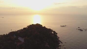 Sunset over Sea. Shot. Aerial panoramic view of sunset over ocean video