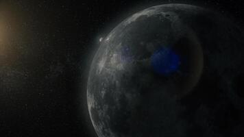 Luna etapas realista ajuste altura bucle. animación Luna etapas con ligero movimiento de Luna superficie con planeta en luz de las estrellas fondo, universo y Ciencias concepto video