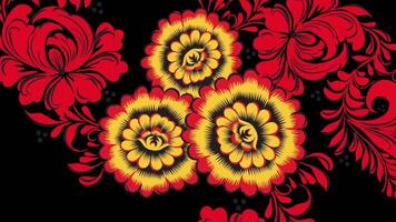 khokhloma Rússia do brilhante vermelho flores e bagas em Preto fundo. animação khokhloma video