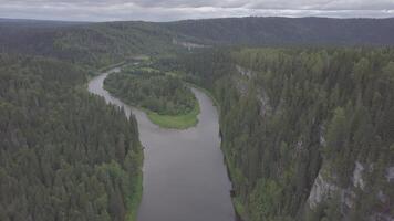 vliegend over- de mooi berg rivier- en mooi Woud. klem. antenne visie van mystiek rivier- Bij zonsopkomst met mist, zon bovenstaand de rivier- antenne video