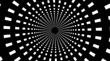 Seamless footage with rotating dashed hypnotic spiral. Loop animated background sequence with rotating circle segments. Black and white tunnel motion graphic video