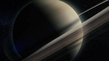 avvicinamento fly-by di il pianeta Saturno. Saturno animazione. pianeta Saturno maestoso davanti Visualizza animazione video