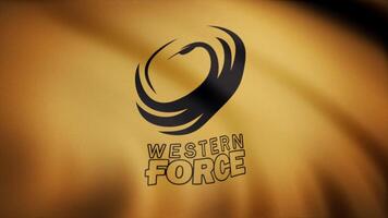 Rugby Western Force flag is waving on transparent background. Close-up of waving flag with Western Force rugby club logo, seamless loop. Editorial animation video