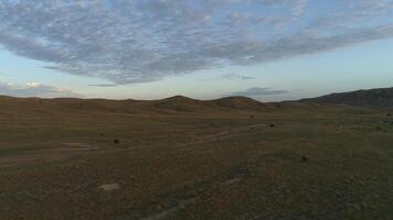 Plain landscape with morning meadow against hills and blue sky. Shot. Beautiful view on a morning plain. video