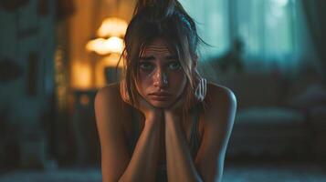 AI generated Sad upset woman crying in dark gloomy house photo