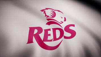 Rugby Reds flag is waving on transparent background. Close-up of waving flag with Reds rugby club logo, seamless loop. Editorial animation video