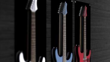 Trois électrique guitares pendaison sur une mur. animation de Trois guitares pendaison sur le mur video