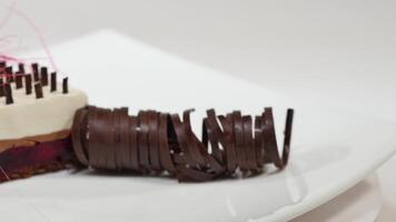 crème gâteau avec Trois couches sur une plaque. crème gâteau avec Trois couches, décoré avec Chocolat les miettes et Chocolat paille video