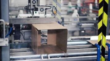 Cardboard package box packing machine. Clip. Box forming production line video