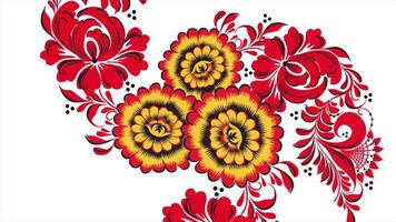 Painting Khokhloma Russia of bright red flowers and berries on white background. Abstract fractal transformation background. Red Khokhloma on a white background video