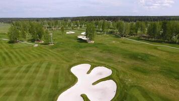 Aerial view Golf course. Sand bunkers at the beautiful golf course. video