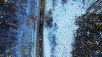 Top view of the car riding in the woods. Footage. The car goes on a winter road in the woods video