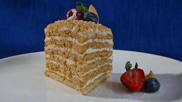 Layered cake with strawberries. Rainbow cake close up, layered cake. Strawberry short cake. video