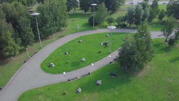 vert parc et ses vaste pelouses sur une ensoleillé printemps journée. agrafe. aérien de en volant drone de une ville parc avec en marchant chemin et vert zone des arbres video