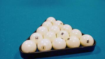 Billiard balls on a billiard table background pyramid. Russian biiliard game video