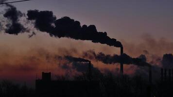 fumo fabbrica camini. ambientale problema di inquinamento di ambiente e aria nel grande città. Visualizza di grande pianta con fumo tubi. lasso di tempo video