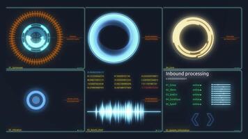 futuristisch Schnittstelle. Digital Bildschirm. Ultra detailliert abstrakt Digital Hintergrund. blinkend und Schalten Indikatoren und Status zeigen Arbeit von Befehl Zentrum, Verarbeitung groß Daten, Maschine tief video