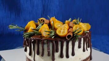 främre se av en kex kaka. paj med frukt och blommor. stänga upp främre se kaka och grädde kaka. de choklad kaka och kaka grädde dekorerad garnering kakao video