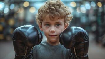 AI generated Boy trying on big boxing gloves in the gym photo