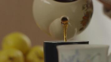 vrouw gegoten heet groen thee in cups en verschillend soort van kruiden Aan houten tafel. kant visie van een vrouw gieten thee dichtbij omhoog video