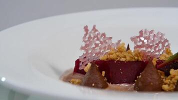 Salat Vinaigrette auf ein Teller auf ein Weiß Hintergrund isoliert schließen hoch. Rote Beete Zuckerrüben gehackt zum Salat im Schüssel Über Weiß Hintergrund mit Kopieren Raum. gesund Zutat zum Kochen. video