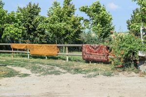 el secado de antiguo alfombra en el cerca. pared alfombras foto