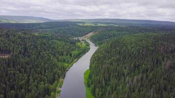 Gorgeous aerial panoramic view on the touristic part of the river at sunset. Clip. Beautiful natural landscape at summer. Europe video