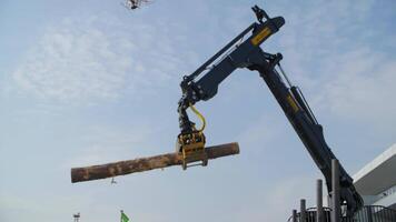 Heavy equipment loading with clipper cut logs. Large log loader and operations in the log yard at a conifer log video