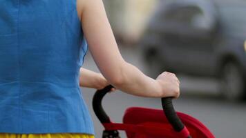 joven madre caminando con bebé carro a el calle espalda ver cerca arriba. madre con un paseante camina abajo el calle video