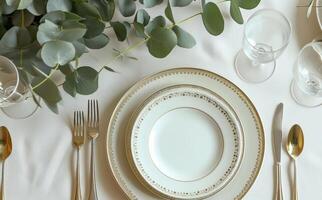 ai generado un comida mesa con sitio ajuste y eucalipto árbol hoja foto