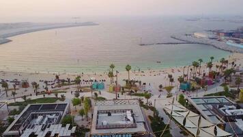 de groen oase. de visie van de top van de strand en Arabisch golf. top visie van mooi strand kust in Dubai video