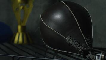 Boxing punch bag on black background. Black punching bag lying on a shelf video