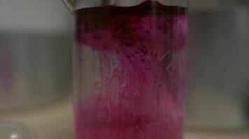 Colored beautiful chemical reaction in flask. Pink or red liquid dissolves in flask. Pink matter in the flask. Pink or red liquid dissolves in flask video