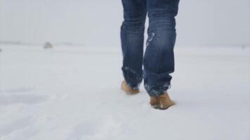 homem caminhando dentro neve. homem caminhando em neve, pegadas dentro neve, atrás. homem anda em dentro a inverno dentro a campo video