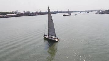 uma barco a vela Porto com uma ampla número do Navegando barcos. Navegando Porto. aéreo video