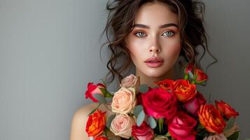 AI generated A stunning woman, radiant in elegance, holding a bouquet of vibrant roses against a simple backdrop photo