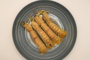 Fresh mantis shrimp on a plate, closeup of photo. photo