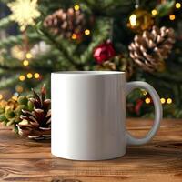 AI generated Blank Mug Magic, Christmas Setting Mockup for Festive Vibes photo